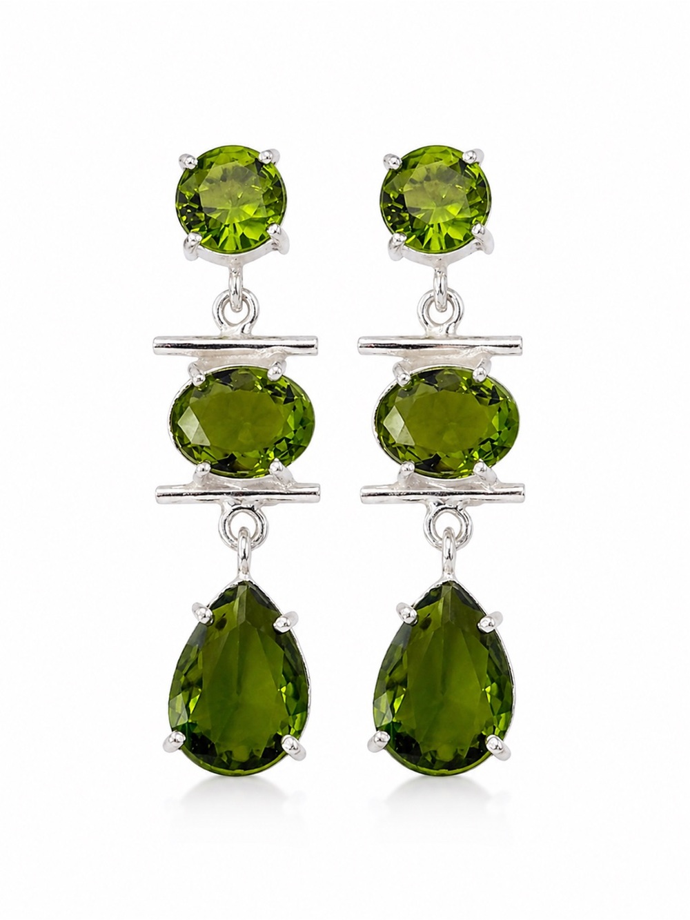 Green Gemstone Drop Earrings – Peridot Color – Silver Tone